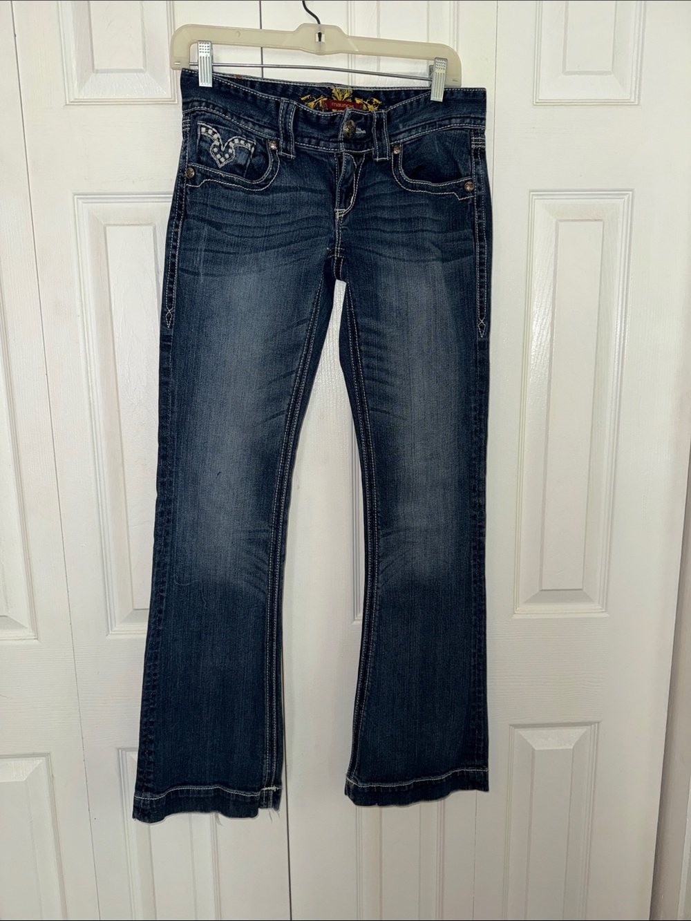 Maurices Dark Blue Flare Jeans with Embellished Pocket